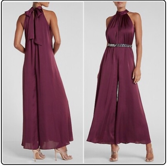 EXPRESS NWT Women's L Plum Purple Satin Mock Neck Wide Leg Jumpsuit - Picture 1 of 5